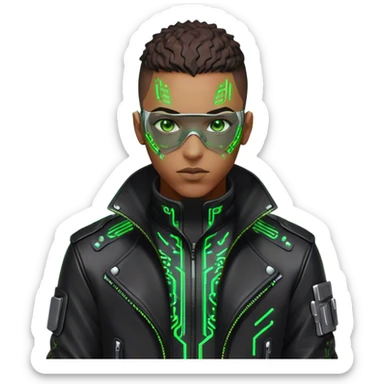 Light skinned African American male with green eyes as a cyberpunk hacker sticker