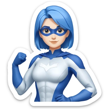 Emoji of a friendly woman with blue hair (no mask), wearing a minimalist blue and white superhero suit with broad shoulders. The suit has a large blank area on the chest for a logo, uses only blue and white colors, and has minimal details. The image shows from head to mid-chest. Cheerful expression sticker