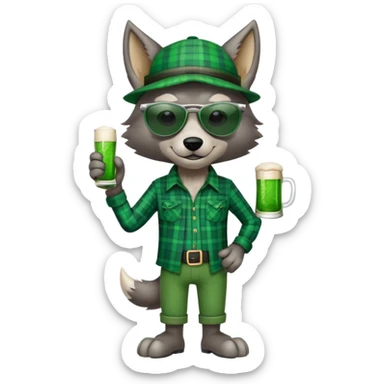 full-body friendly anthropomorphised wolf in green plaid shirt and green attire for St. Patrick's Day, wearing dark sunglasses, upright pose sticker