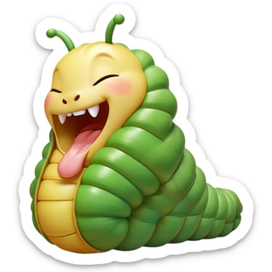 Cinematic Adorable Yawning Caterpillar Portrait Emoji, Head tilted slightly with a dramatic, wide-open yawn, showcasing a plump, segmented body with softly drooping edges and sleepy, half-closed eyes, Simplified yet irresistibly cute features, highly detailed, glowing with a soft, cozy natural glow, high shine, relaxed yet expressive, stylized with a dash of whimsical transformation charm, soft glowing outline, capturing the essence of a drowsy caterpillar that appears ready to stretch and yawn its way out of the screen! sticker