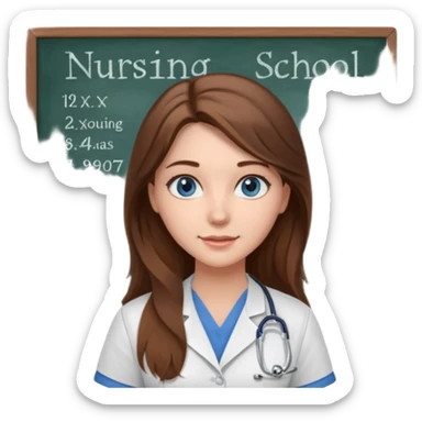 university classroom that says nursing school on the blackboard with a pretty female nursing student with long brown hair, blue eyes sticker
