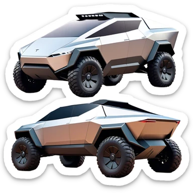 Tesla Cybertruck - A futuristic Tesla Cybertruck, angular and geometric with a sharp, triangular body shape. Stainless steel exoskeleton with a raw, unpainted, brushed-metal finish. A sleek, narrow LED light bar stretches across the entire front. Large, rugged off-road tires with exposed wheel arches. Smooth, handle-free doors and a slanted, armored rear with a retractable tonneau cover. Rear LED strip mirroring the front. The vehicle looks like a sci-fi-inspired, bulletproof stealth tank on wheels, set in a high-tech urban environment at sunset, with reflections on its metallic surface. sticker