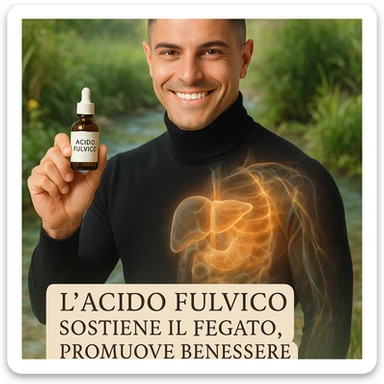 Uomo con il volto del riferimento, tiene una boccetta 'acido fulvico', energia traslucida che attraversa fegato e pelle, ambiente naturale, piante e acqua pulita sullo sfondo, stile wellness, testo in italiano. sticker