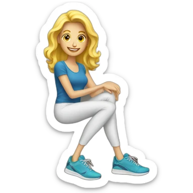 Blonde lady on couch with running shoes sticker