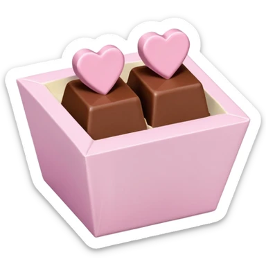 Two square milk chocolate , Each praline is a sharp-edged cube with smooth glossy chocolate coating, placed in a small white fluted paper candy cup. On top of each cube is a flat pastel pink heart-shaped icing sticker