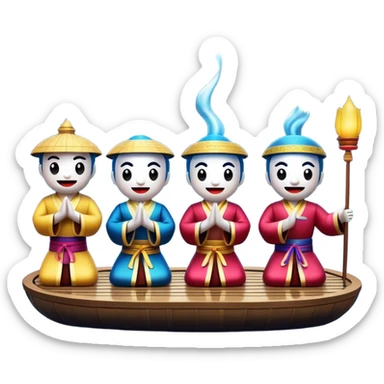 Cinematic Realistic Water Puppetry Emoji, depicted as a whimsical scene of traditional water puppets performing on a reflective water stage, rendered with vivid textures and dynamic playful lighting that captures its enchanting charm. sticker