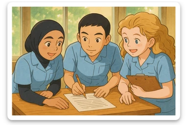 Illustration Ghibli of four nursing students working together, wearing short-sleeved outfits without stethoscopes, inspired by the four provided faces, bright and joyful atmosphere, version 2 sticker