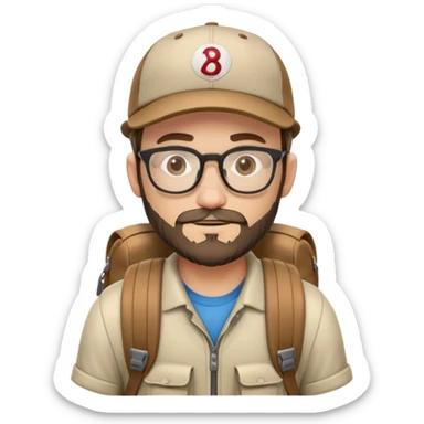 adventurer with backpack, small beard, glasses and backwards baseball cap sticker