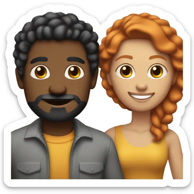 Emoji of a light-skinned red-haired woman and a dark-skinned man with black power hair, mustache, and goatee, holding hands and smiling in a minimalistic style, showing a friendly bond. sticker