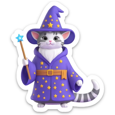 wizard cat with a starry robe and hat sticker