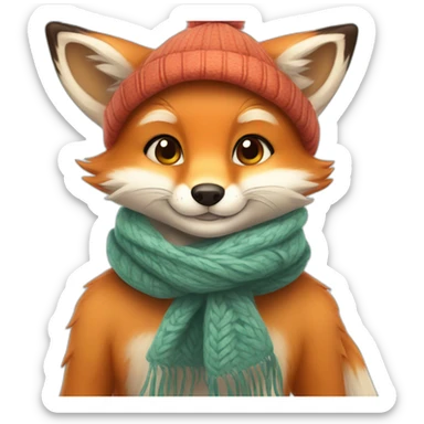 A cute little charming fox cub in a winter hat and scarf sticker