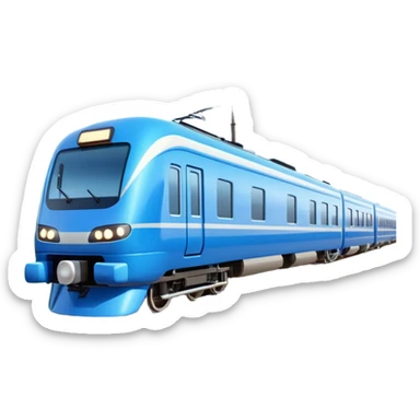 A 3D cartoon sleek white bullet train on tA 3D cartoon passenger train with blue carriages and visible windows, moving through countryside, Memoji-style.racks, high-speed motion blur, clean lighting, Memoji-style realism. sticker