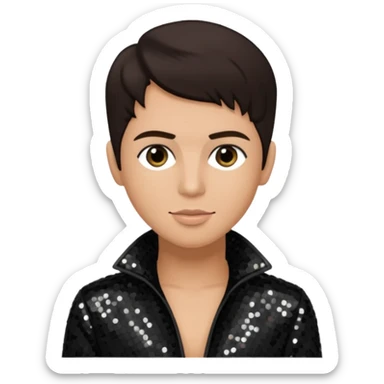 Frankie Zulferino, Pop Singer (b.1990) with dark brown hair, black sequin outfit, light tan skin sticker