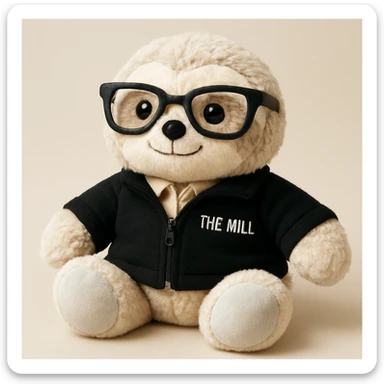 Make this sloth look like a plushy, soft and cuddly toy, inspired by the reference photo, but still wearing a black 'The Mill' jacket and looking business savvy. The style should reflect a plush toy softness and cuddliness. sticker
