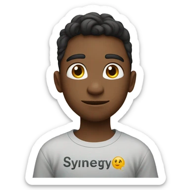 boy in a t-shirt with the inscription Synergy shows like sticker