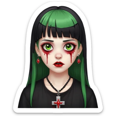 zumbi verde com olhos vermelhos sangrando e franja roupa preta e um crucifixo como colar, sem ser na testa e um piercing no nariz bem feminino a franja reta também  sticker