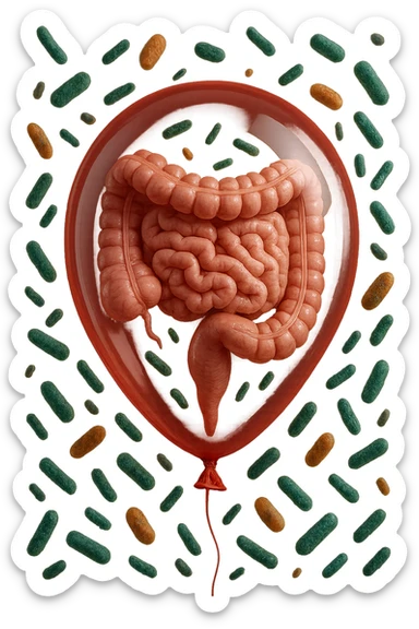 intestino umano anatomico chiuso in un palloncino rosso con batteri intestinali che fluttuano intorno, iperrealistico 4k sticker