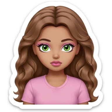  long wavy brown hair, light skin, light green eyes, pretty bratz baddie, black eyeliner, blush, pink shirt sticker