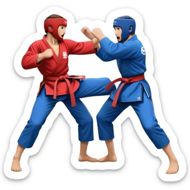 Two SAMBO fighters in blue and red uniforms engage in dynamic grappling and throwing techniques. One executes a powerful throw while the other tries to counter. The scene is set in a sports arena with a competition mat, capturing the intensity and motion of the martial art. Transparent background. sticker