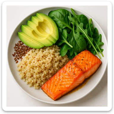 close-up of a balanced plate with salmon, quinoa, avocado, leafy greens, flax seeds, food photography style, vibrant colors, light background sticker