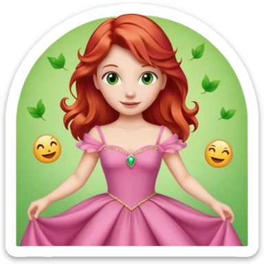 Aurora princess, classic fairytale style, red hair, pink gown, gentle smile, green amber eyes, twirling, emoji style sticker