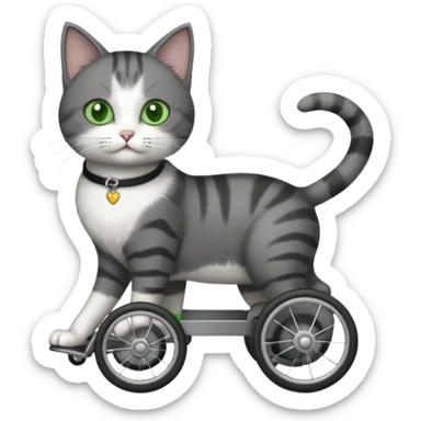 full body small short hair dark grey and white cat with green eyes walking in a wheelchair for cats sticker