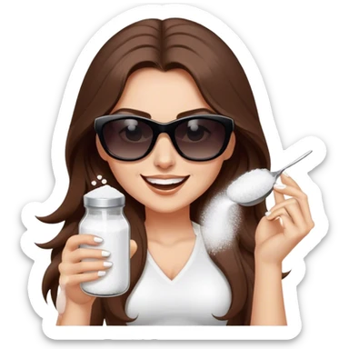 sassy woman with long brown hair and dark sunglasses holding a salt shaker filled with white table salt. She is shaking and sprinkling the salt. She is smirking.  sticker