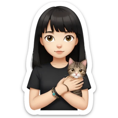 A girl with black long hair and bangs, wearing a black short-sleeved shirt, a brown bracelet on her right wrist, white skin, holding a tabby cat, the cat is standing upright sticker