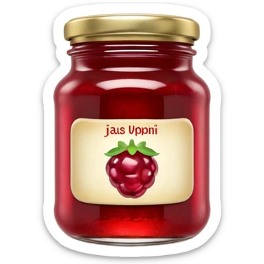 small glass jar filled with vibrant red or purple jam, thick texture, visible fruit bits, metallic or gingham lid, small blank label, 3D, clean, soft lighting, glass reflections, soft shadows, no anthropomorphic features, transparent background, emoji scale sticker