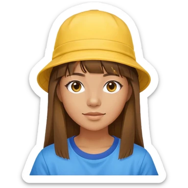 Young woman, bucket hat, tan skin tone, long brown hair with fringe, yellow T shirt with blue sleeves sticker