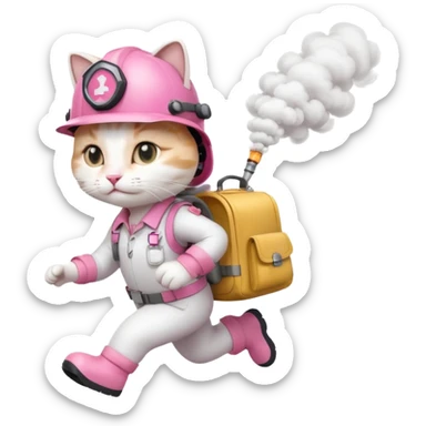 A cute white and pink cat dressed as engineer with a white helmet running very fast carrying her cute bag Leaving a trail of smoke under her feets sticker