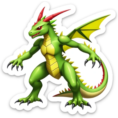 Cool edgy shiny futuristic Guilmon-Flygon-Tyranitar-Digimon-hybrid-fusion, yellow belly, full body sticker
