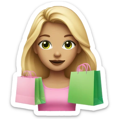 cute dark blonde with green eyes wearing pink surrounded by pink shopping bags sticker