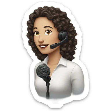 podcast host curly dark long hair white woman with podcast microphone sticker
