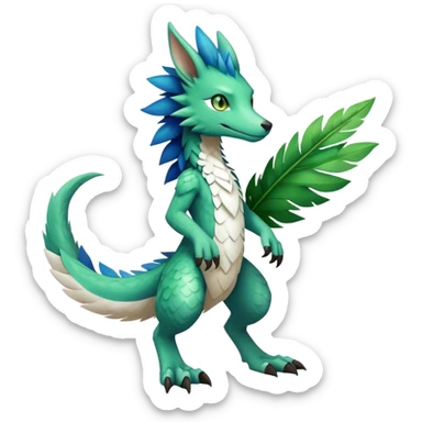 Cute cool fantasy animal hybrid Sergal-Digimon-Fakemon full body, green scales, green leaves, brown eyes, blue feathers sticker
