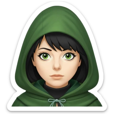 claudia winkleman as a traitor with a green hooded cloak and dark black eyeliner sticker
