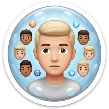 Emoji-style casually dressed man inside a clear bubble surrounded by repeating identical content icons. He can only see one direction, with other viewpoints outside the bubble blurred or muted. Clean-shaven, neutral background, soft lighting sticker