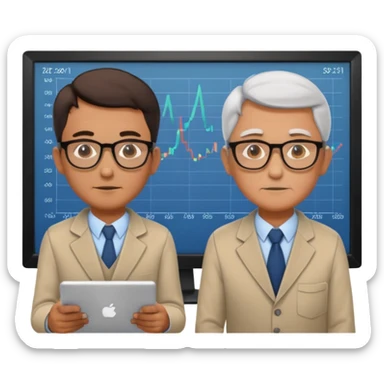 teaching somebody else in person, in the same place, watching the same monitor together, the trainee and trainer are in the similar age, two both are men, the monitor should be showing some data graphs sticker