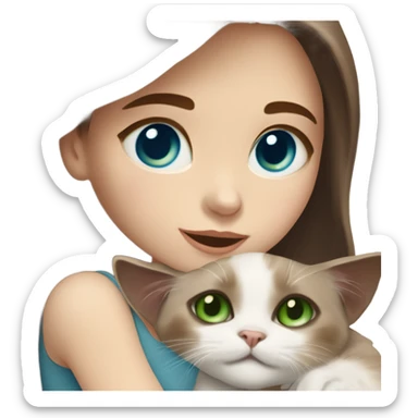 white woman with medium-length brown hair, green eyes and brown freckles on the face under the eyes, holding her sacre de birmanie kitten in her arms with much love, the baby cat has blue eyes, a lot of dark areas on ears and middle of the face. blue eyes sticker