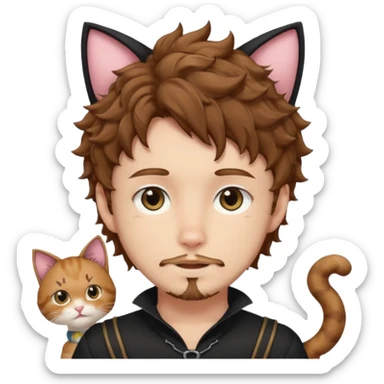 white boy with cat tail with goatee hair and cat ears with brown hair and anime features woth curly hair  sticker