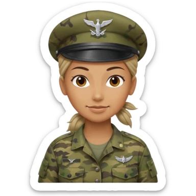 Apple emoji look — female soldier, no cap/helmet, bust, neutral smile, generic camo shirt, hair tied back, soft gradients, no weapon sticker