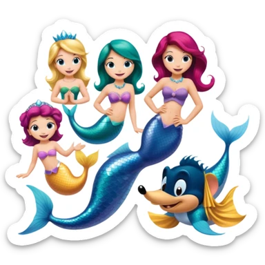 Colorful icon for Animated Movies: mermaid costume and could A vibrant collage featuring iconic characters like Goofy, Mickey Mouse, Franco, Masha and the Bear and Luntik. Each character should be large and bright, set against a cheerful and playful background of Disneyland. Transparent background. sticker
