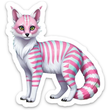 Colorful tropical tribal pale light fruity pastel white glorious iridescent exotic albino neon vibrant zigzagged fantasy-caracal-civet-genet-sergal-vernid-Gryphon-Cacomistle-Trico-oncilla-animal-Fakémon-hybrid-fursona (full body), facial markings,  sticker