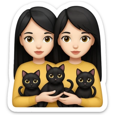 2 light skin tone girls with black straight hair holding 3 black cats sticker