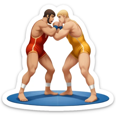 An icon showcasing two wrestlers engaged in a Greco-Roman wrestling match. The athletes are locked in a strong clinch, using their upper bodies to dominate. The background features a wrestling mat and traditional Greco-Roman elements. Transparent background. sticker