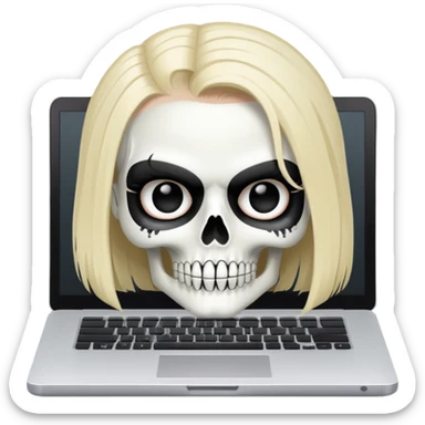 female Punisher skull with eyelashes working on a laptop sticker