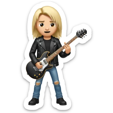 3D Apple-style emoji of a metal musician. Long hair, black leather jacket, ripped jeans, holding an electric guitar. Intense expression, glossy, rounded, smooth, soft shadows, white background.










 sticker