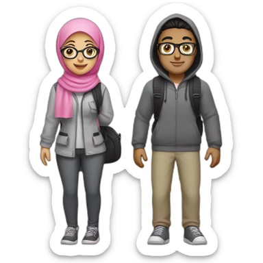 young white man with black hair, glasses, and gray clothes, and woman with hijab, glasses, and pink clothes, both with backpack for holiday trip, full body sticker