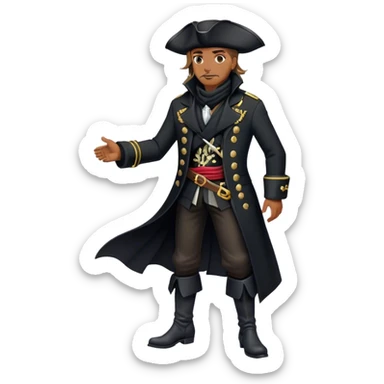 A confident pirate captain in a tailored black coat with silver embroidery, black boots, and a windswept black scarf. sticker