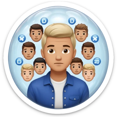 Emoji-style casually dressed man inside a clear bubble surrounded by repeating identical content icons. He can only see one direction, with other viewpoints outside the bubble blurred or muted. Clean-shaven, neutral background, soft lighting sticker